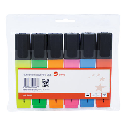 5 Star Chisel Tip Highlighters Pens Assorted Colours Wallet Pack of 6