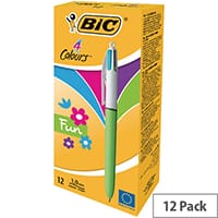Bic 4 Colour Fashion Ballpoint Pen Pink Purple Turquoise Lime Green Pack 12