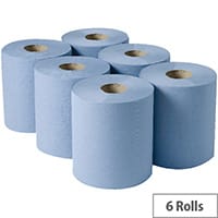 2Work Pack of 6 Dispenser Centrefeed Cleaning Paper Towel Rolls 3Ply Blue Rolls 135m 2W00083