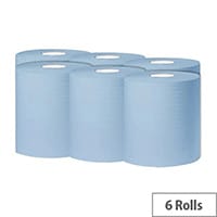 2Work Pack of 6 Dispenser Centre Feed Cleaning Paper Towel Rolls 1Ply 300m Blue C1B300