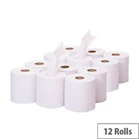 2Work Pack of 12 Mini Centre Feed Cleaning Paper White Rolls 1Ply 120m KF03784 C1W120