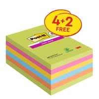 Post-it Super Sticky Notes, Assorted Colours, lined, 101 mm x 152 mm, 90 Sheets/Pad, 4 + 2 FREE Pads/Pack