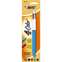 BIC 4 Colours Clip-On Retractable Ballpoint Pen – 1mm Tip 0.4 Width, Black/Blue/Red/Green, Smooth Sliders, Chunky Barrel, PVC & Refillable Ink (801867)