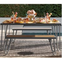 PAULETTE Outdoor/Indoor Table & Bench Set - Synthetic Wood Finish & Weather Resistant Powder Coated Steel Frame - Grey Frame