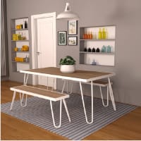 PAULETTE Outdoor/Indoor Table & Bench Set - Synthetic Wood Finish & Weather Resistant Powder Coated Steel Frame - White Frame