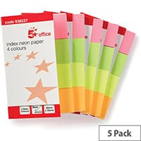 5 Star Office Index Flags Neon 20x50mm 50 Sheets per Colour Assorted Pack 5
