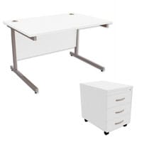 Office Desk Rectangular Silver Legs W1200mm With Mobile 3-Drawer Pedestal White Ashford