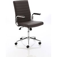 Ezra Executive Office Chair - Brown Leather Seat & Back - Chrome Base - Fixed Padded Arms