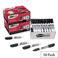 Show-Me Teacher Dry-wipe Black Markers. 24 Hour Cap-Off-Time To Prevent Drying Out. Low Odour Ink & Ventilated Caps. Supplied In Pack Of 50.