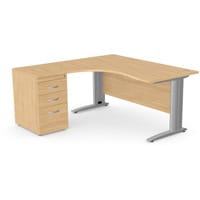 Radial Office Desk Left Hand With Silver Cable Managed Leg With 600mm Desk-High Pedestal W1600xD1200xH725mm Beech Komo