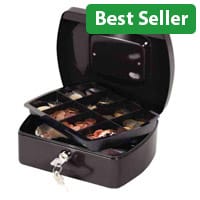 Q-Connect 8 Inch Cash Box Black – Key Lock, 8 Compartments, Metal Handle, 2 Keys, Removable Tray 196 x 155 x 87mm