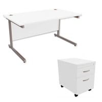 Office Desk Rectangular Silver Legs W1400mm With Mobile 2-Drawer Pedestal White Ashford