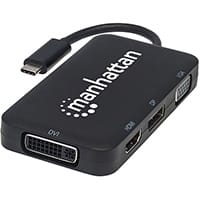 Manhattan USB-C Dock/Hub, Ports (x4): DisplayPort, DVI-I, HDMI or VGA, Note: Only One Port can be used at a time, External Power Supply Not Needed, Cable 8cm, Black, Three Year Warranty, Blister, USB Type-C, Black, Acrylonitrile butadiene styrene (ABS), 0