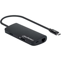Manhattan USB-C Dock/Hub with Card Reader, Ports (x5): Ethernet, USB-A (3) and USB-C, With Power Delivery to USB-C Port (100W), 5 Gbps (USB 3.2 Gen1 aka USB 3.0), Cable 30cm, Aluminium, Black, Three Year Warranty, Retail Box, USB 3.2 Gen 1 (3.1 Gen 1) Typ