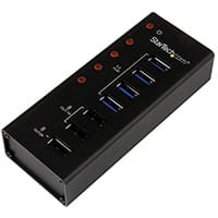 StarTech.com 4 Port USB 3.0 Hub plus 3 Dedicated USB Charging Ports (2 x 1A & 1 x 2A) - Wall Mountable Metal Enclosure, USB 3.2 Gen 1 (3.1 Gen 1) Type-B, USB 2.0, USB 3.2 Gen 1 (3.1 Gen 1) Type-A, 5000 Mbit/s, Black, Aluminium, RoHS, CE, FCC