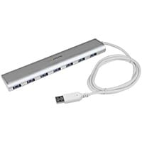 StarTech.com 7-Port Compact USB 3.0 Hub with Built-in Cable, USB 3.2 Gen 1 (3.1 Gen 1) Type-A, USB 3.2 Gen 1 (3.1 Gen 1) Type-A, 5000 Mbit/s, Silver, White, Aluminium, Plastic, Power