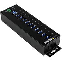 StarTech.com 10-Port Industrial USB 3.0 Hub with ESD & 350W Surge Protection, USB 3.2 Gen 1 (3.1 Gen 1) Type-B, USB 3.2 Gen 1 (3.1 Gen 1) Type-A, 5000 Mbit/s, Black, Steel, Power