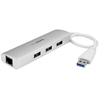 StarTech.com 3-Port Portable USB 3.0 Hub plus Gigabit Ethernet - Built-In Cable, Wired, USB, Ethernet, 5000 Mbit/s, Silver, White