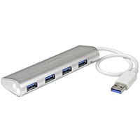 StarTech.com 4-Port Portable USB 3.0 Hub with Built-in Cable, USB 3.2 Gen 1 (3.1 Gen 1) Type-A, USB 3.2 Gen 1 (3.1 Gen 1) Type-A, 5000 Mbit/s, Silver, White, Aluminium, Plastic, Power
