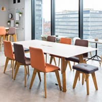 Jig Social Meeting Table Hand Crafted Black Oak Frame Lack Rustic Oak Top With Integrated Cable Management In All Legs