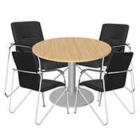 Kito Beech Meeting Room Round Table Silver Trumpet Base Dia1000xH725mm & 4x Black Leather Look Boardroom Stacking Chair Sandy