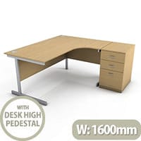 Ashford 1600mm Right Hand Radial Corner Office Desk Metal Leg With 3 Drawer Desk High Pedestal Beech Bundle Offer
