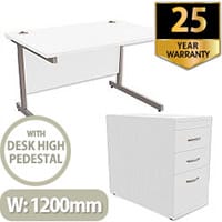 Office Desk Rectangular Silver Legs W1200mm With 800mm Deep Desk High Pedestal White Ashford