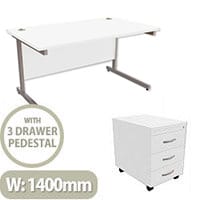 Office Desk Rectangular Silver Legs W1400mm With Mobile 3-Drawer Pedestal White Ashford