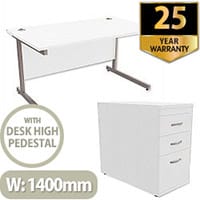 Office Desk Rectangular Silver Legs W1400mm With 800mm Deep Desk High Pedestal White Ashford