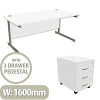 Office Desk Rectangular Silver Legs W1600mm With Mobile 3-Drawer Pedestal White Ashford