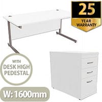 Office Desk Rectangular Silver Legs W1600mm With 800mm Deep Desk High Pedestal White Ashford