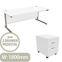Office Desk Rectangular Silver Legs W1800mm With Mobile 2-Drawer Pedestal White Ashford