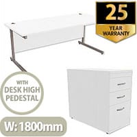 Office Desk Rectangular Silver Legs W1800mm With 800mm Deep Desk High Pedestal White Ashford