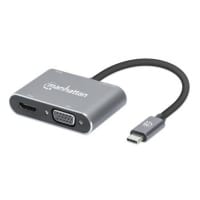 Manhattan USB-C Dock/Hub, Ports (x4): HDMI, USB-A, USB-C and VGA, With Power Delivery (87W) to USB-C Port (Note add USB-C wall charger and USB-C cable needed), All Ports can be used at the same time, Aluminium, Space Grey, Three Year Warranty, Retail Box
