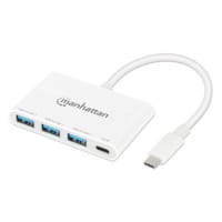 Manhattan USB-C Dock/Hub, Ports (4): USB-A (x3) and USB-C, 5 Gbps (USB 3.2 Gen1 aka USB 3.0), With Power Delivery (100W) to USB-C Port (Note additional USB-C wall charger and USB-C cable needed), SuperSpeed USB, White, PD, Three Year Warranty, Retail Box