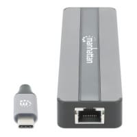 Manhattan USB-C Dock/Hub with Card Reader, Ports (x5): Ethernet, HDMI, USB-A (x2) and USB-C, With Power Delivery (87W) to USB-C Port (Note add USB-C wall charger and USB-C cable needed), All Ports can be used at the same time