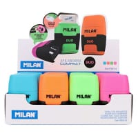Milan Compact Duo Sharpener & Eraser - 4 Assorted - Space-Saving Sharpener and Eraser Set for Kids