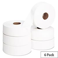2Work Pack of 6 Jumbo 60mm Core Dispenser Toilet Paper Rolls Refills 2Ply 410m White J26410