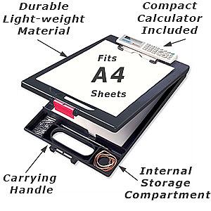 A4 clipboard with calculator and storage compartment from stewart superior black