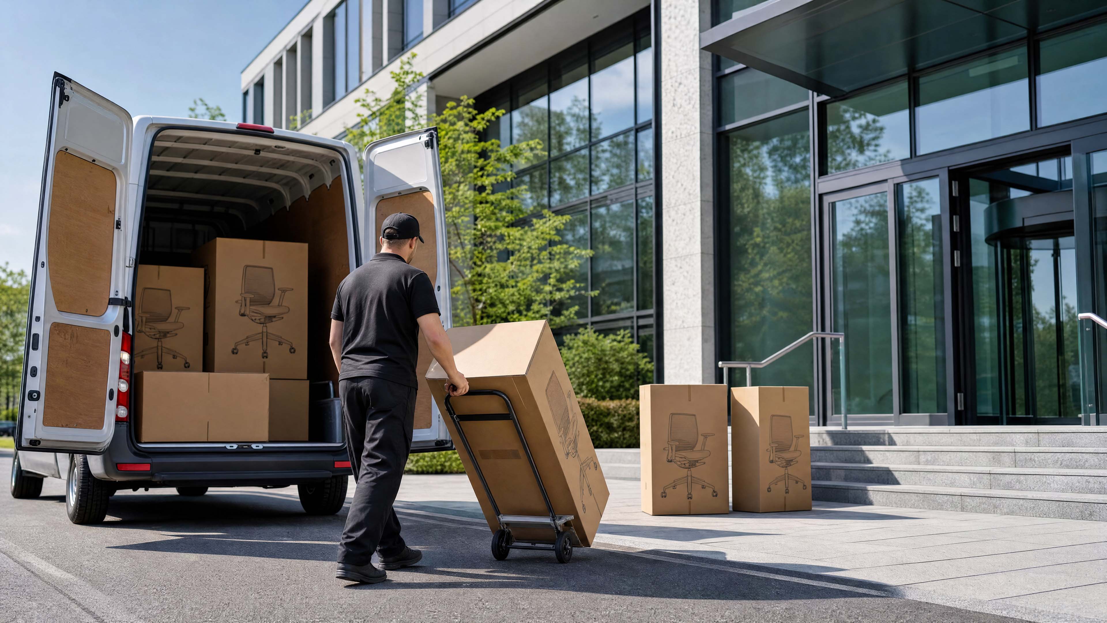 A delivery driver unloading boxed ergonomic office chairs outside an office