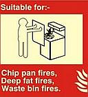 suitable for chip pan fires, deep fat fires waste bin fires